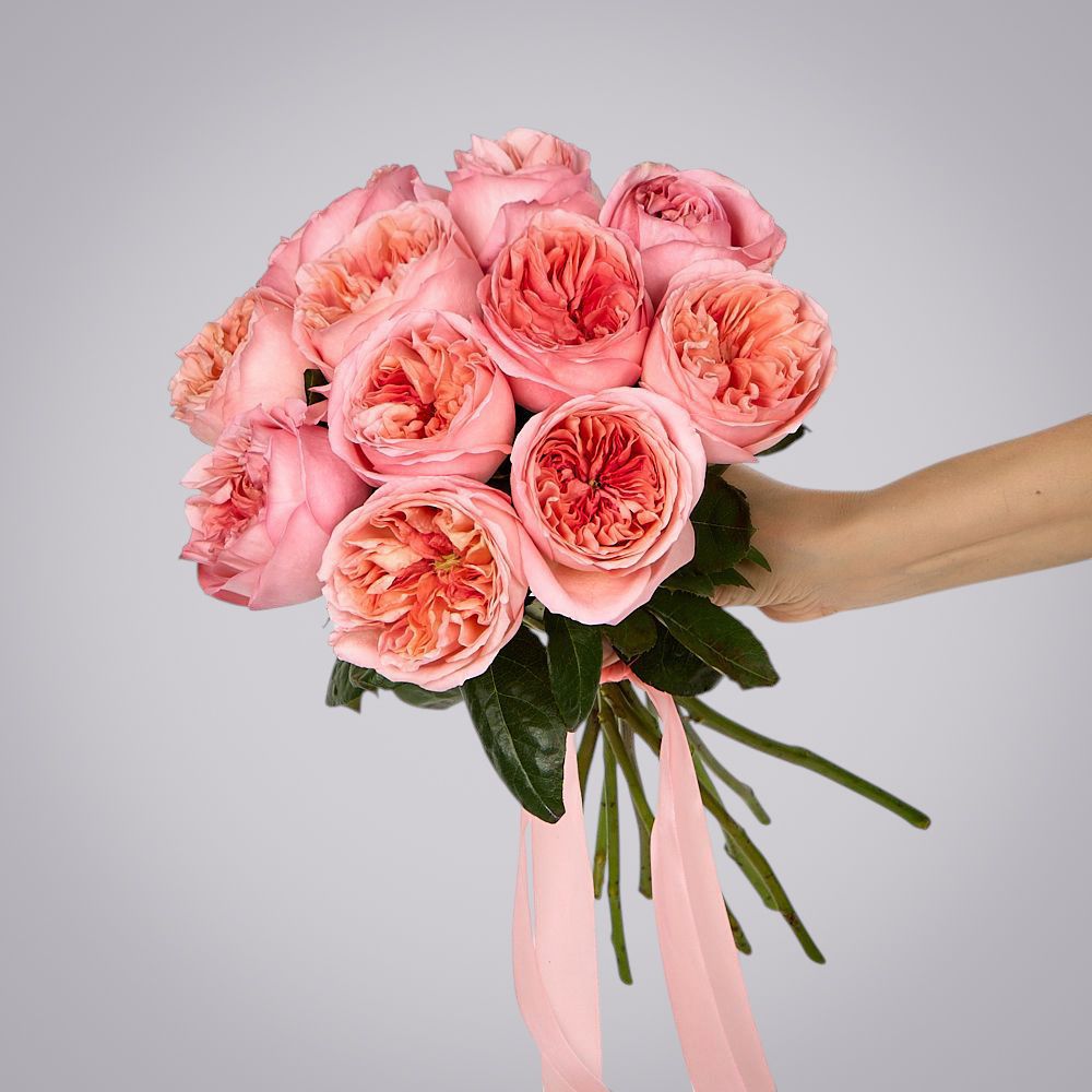 монобукет 11 пионовидных роз "pink x-pression" под ленту 