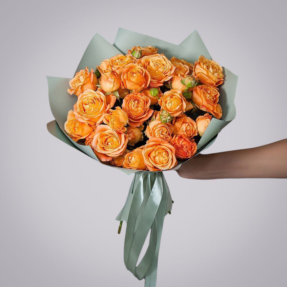 монобукет 9 кустовых роз "apricot lace"  в упаковке 