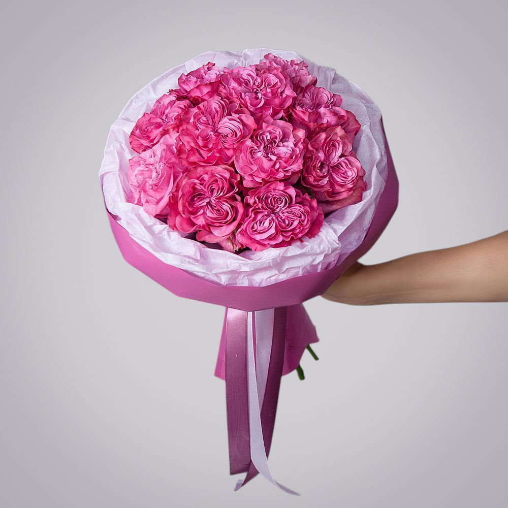 монобукет 11 пионовидных роз "country blues" в упаковке с тишью  монобукет 11 пионовидных роз "country blues" в упаковке с тишью