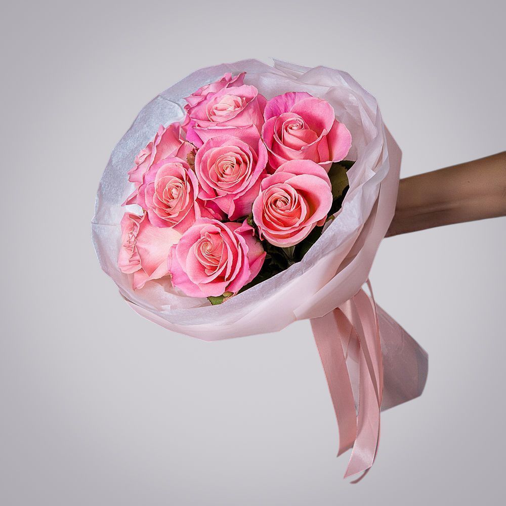 монобукет 9 роз "hermosa" в упаковке с тишью 