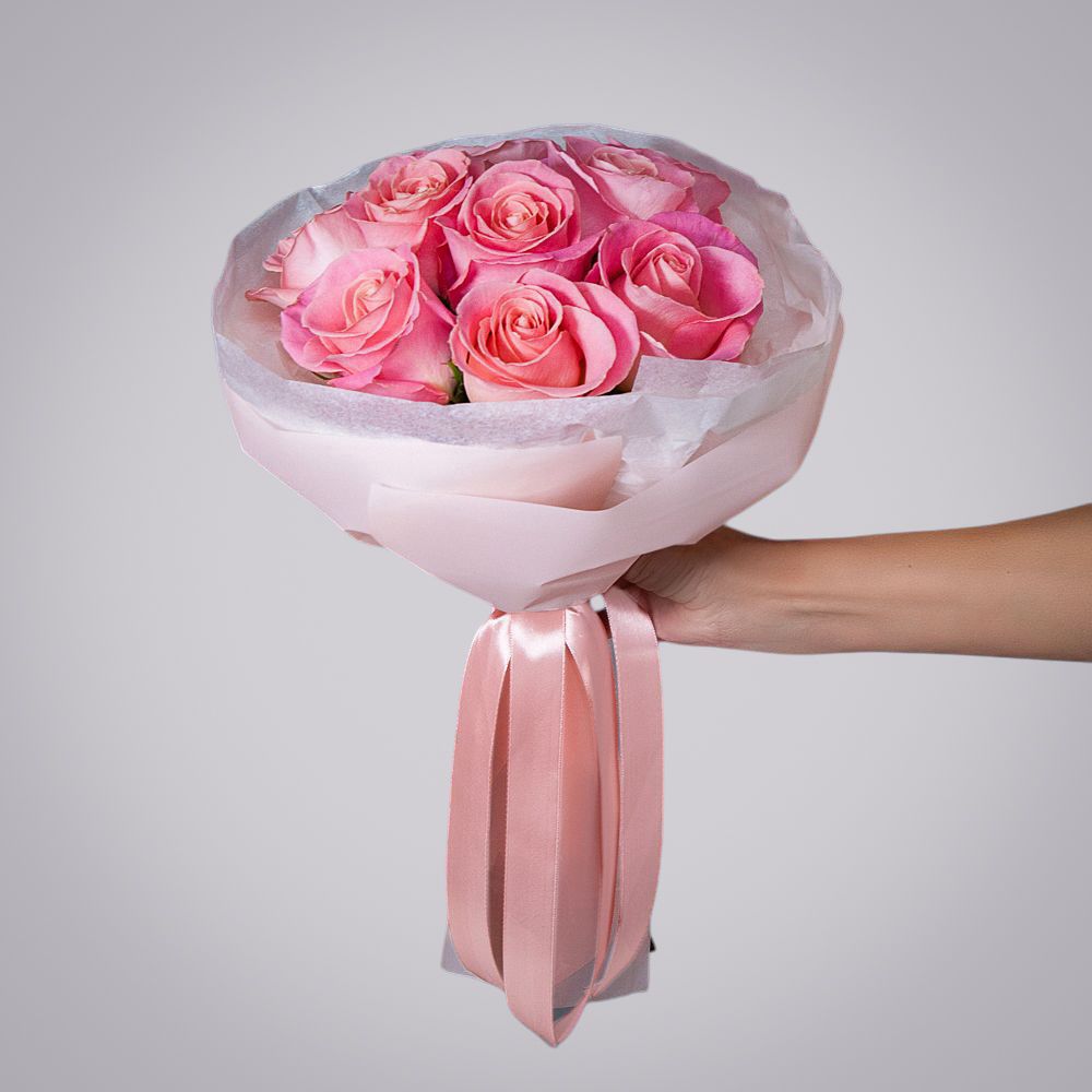 монобукет 9 роз "hermosa" в упаковке с тишью 