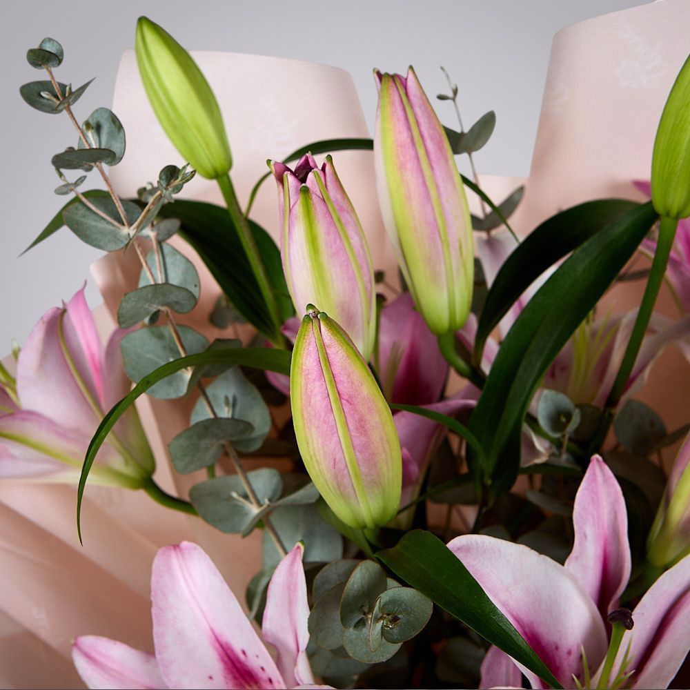 монобукет из розовых лилий с эвкалиптом 