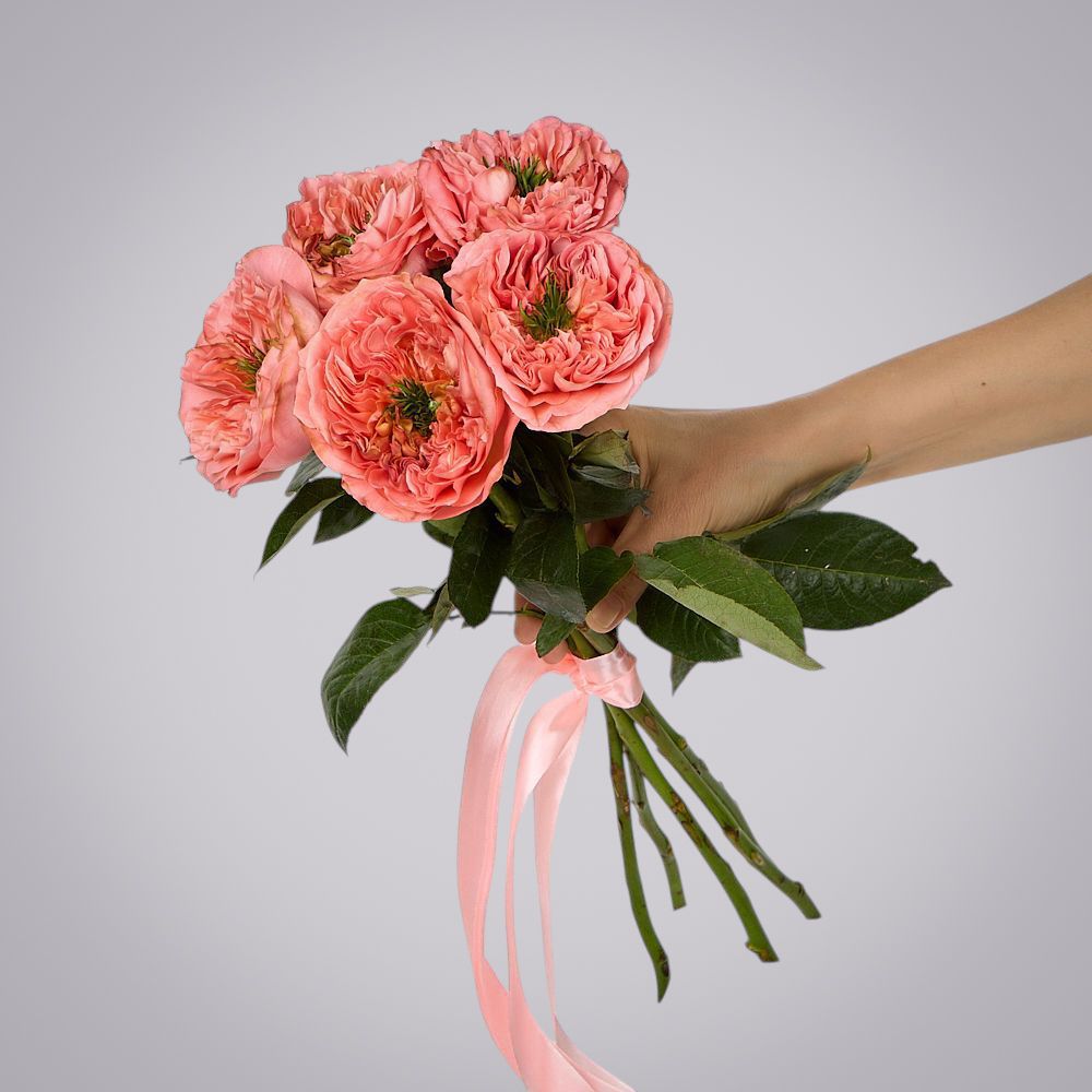 монобукет 5 пионовидных роз "mandarin x-pression" под ленту 