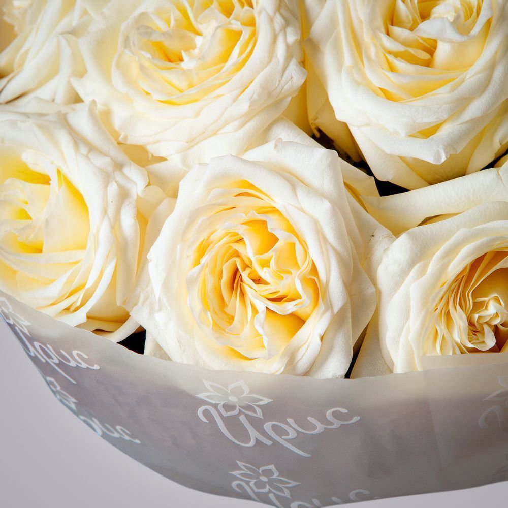 монобукет из 11 пионовидных роз "candlelight" в бежевой упаковке с тишью  монобукет из 11 пионовидных роз "candlelight" в бежевой упаковке с тишью