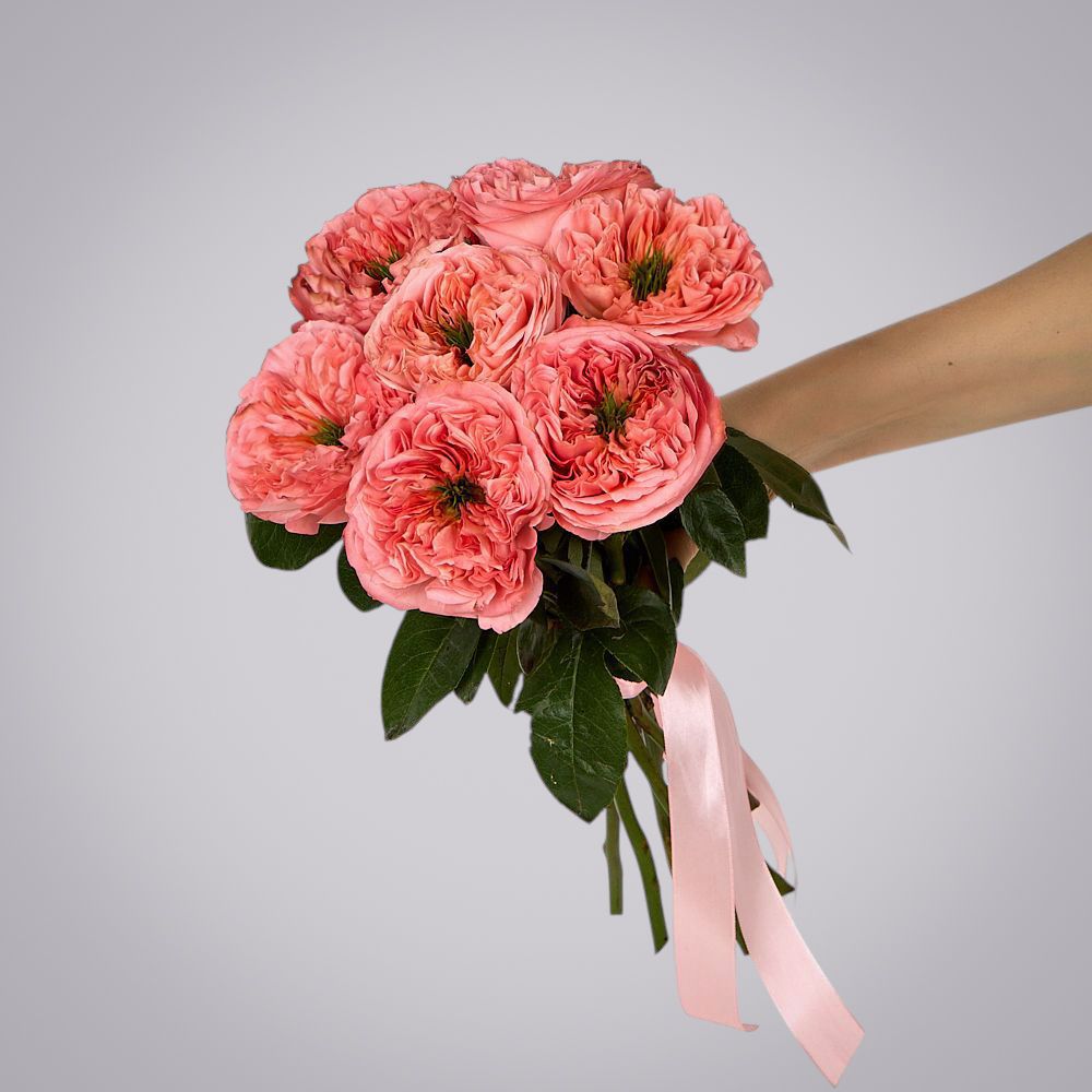 монобукет 7 пионовидных роз "mandarin x-pression" под ленту 