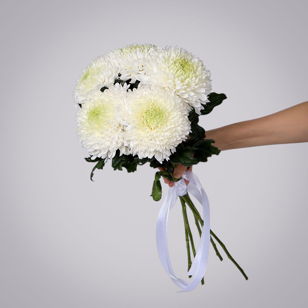 монобукет из 5 белых хризантем magnum под ленту 