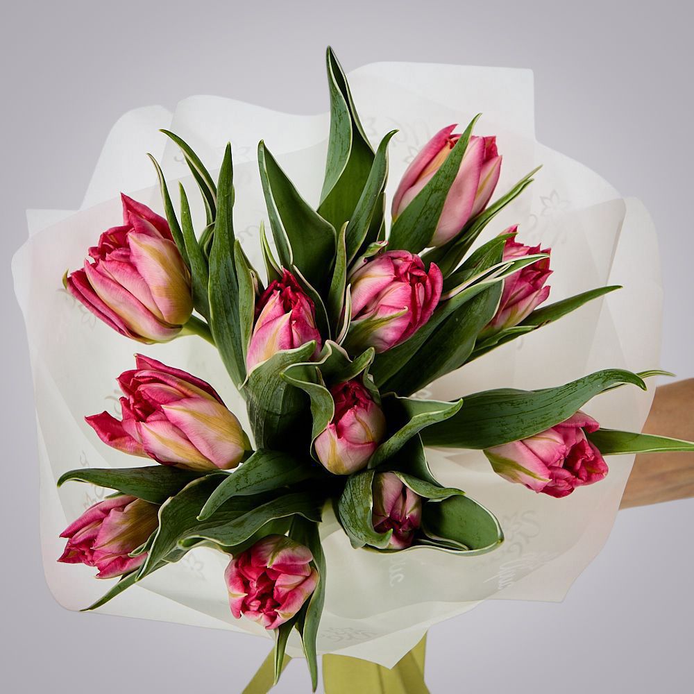 монобукет из 11 розовых тюльпанов в упаковке 