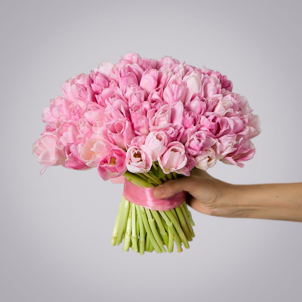 монобукет 101 розовый тюльпан под ленту  