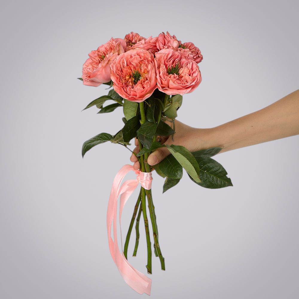 монобукет 5 пионовидных роз "mandarin x-pression" под ленту 