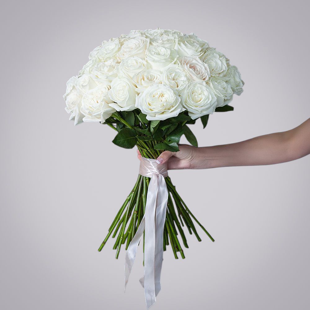 монобукет из 51 пионовидной розы "playa blanca" под ленту 