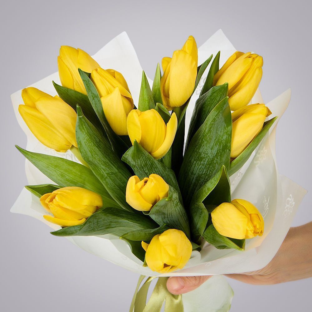 монобукет из 11 желтых тюльпанов в упаковке 