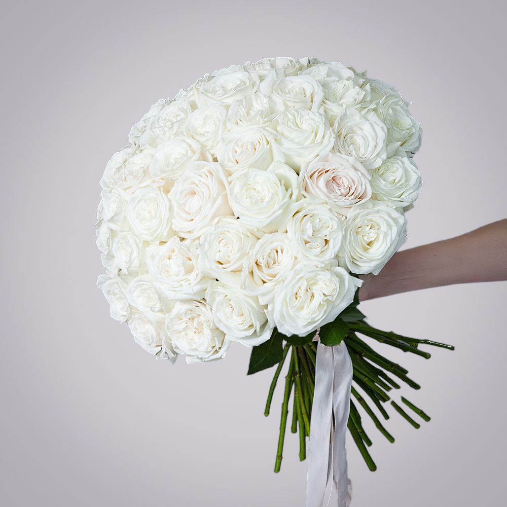 монобукет из 51 пионовидной розы "playa blanca" под ленту 