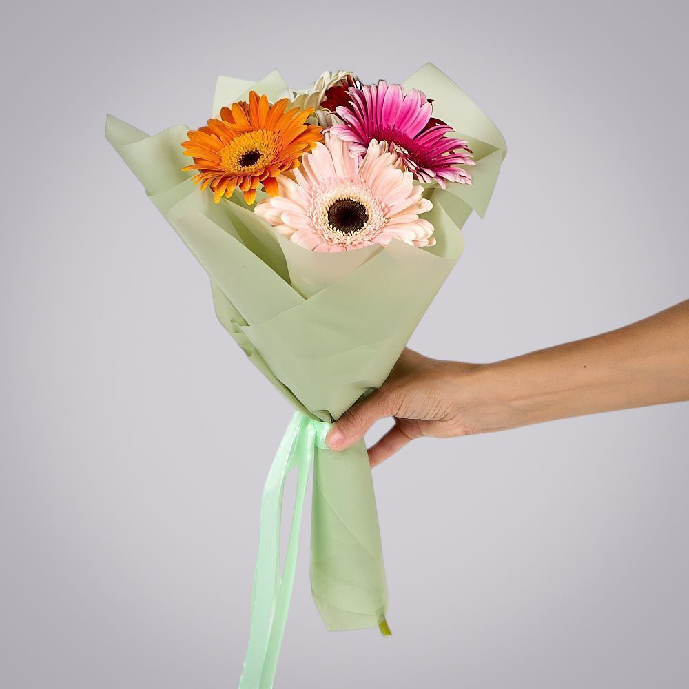 монобукет из 5 гербер микс в упаковке 