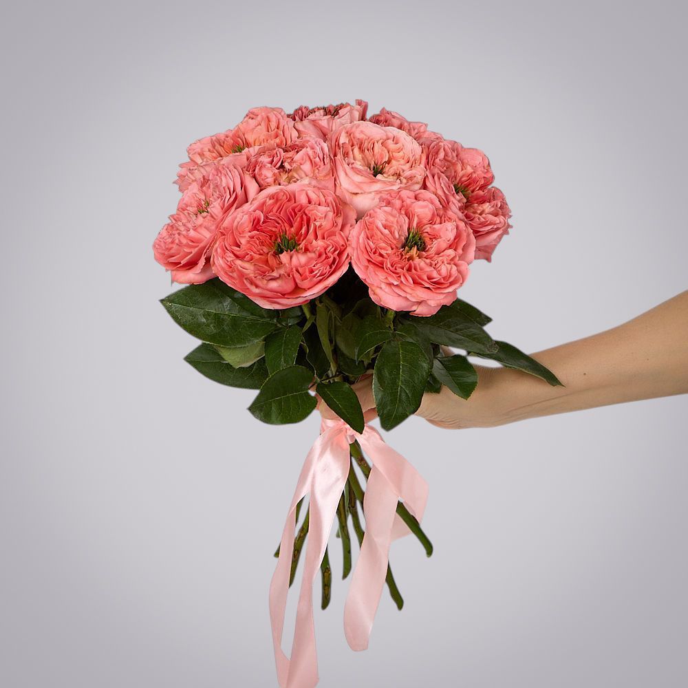 монобукет 9 пионовидных роз "mandarin x-pression" под ленту 