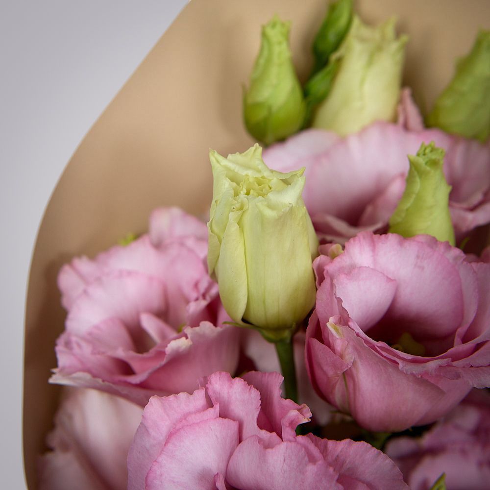 монобукет из 5 розовых лизиантусов в упаковке 