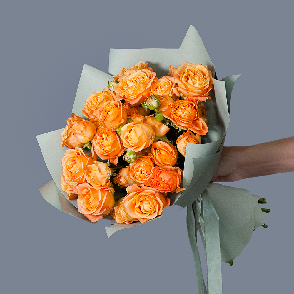 монобукет 9 кустовых роз "apricot lace"  в упаковке 