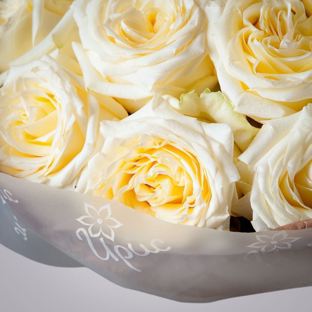 монобукет из 11 пионовидных роз "candlelight" в бежевой упаковке с тишью  монобукет из 11 пионовидных роз "candlelight" в бежевой упаковке с тишью