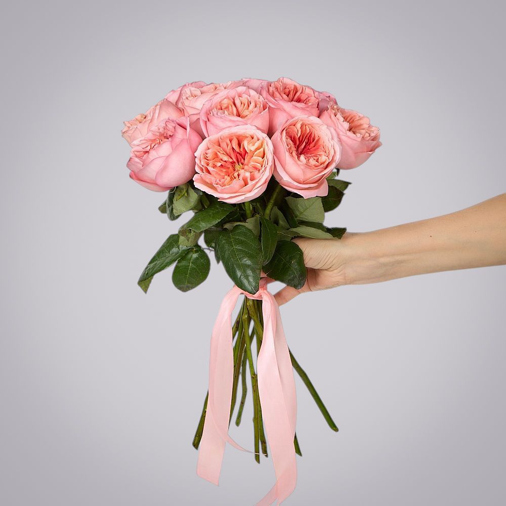 монобукет 11 пионовидных роз "pink x-pression" под ленту 