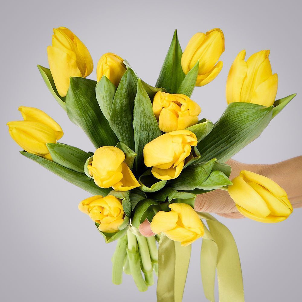 монобукет из 11 желтых тюльпанов под ленту 