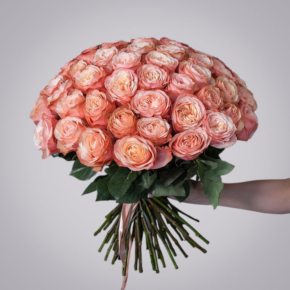 монобукет из 51 пионовидной розы «kahala» под ленту 