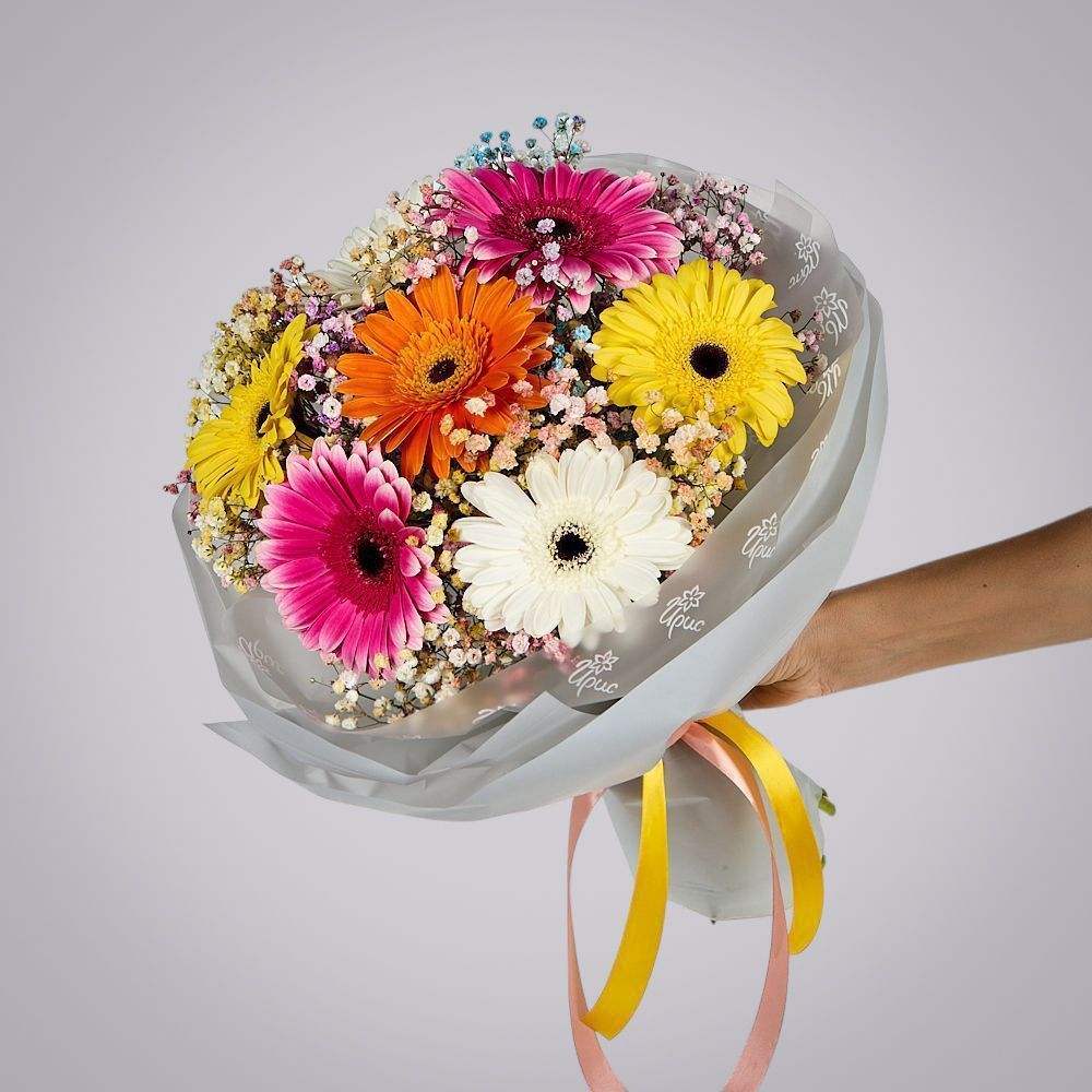 монобукет из 7 гербер с гипсофилой  