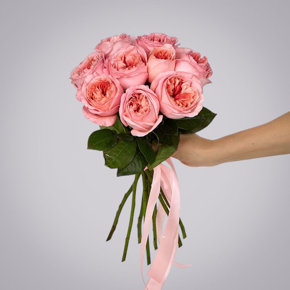 монобукет 9 пионовидных роз "pink x-pression" под ленту 