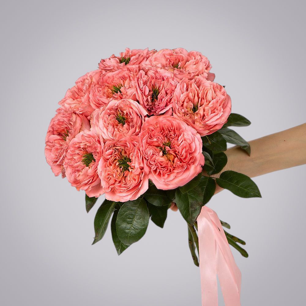 монобукет 11 пионовидных роз "mandarin x-pression" под ленту 