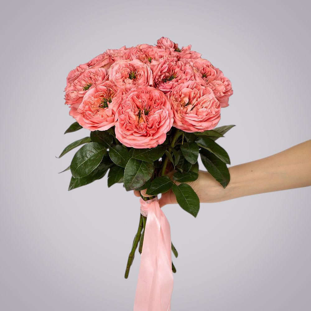 монобукет 11 пионовидных роз "mandarin x-pression" под ленту 