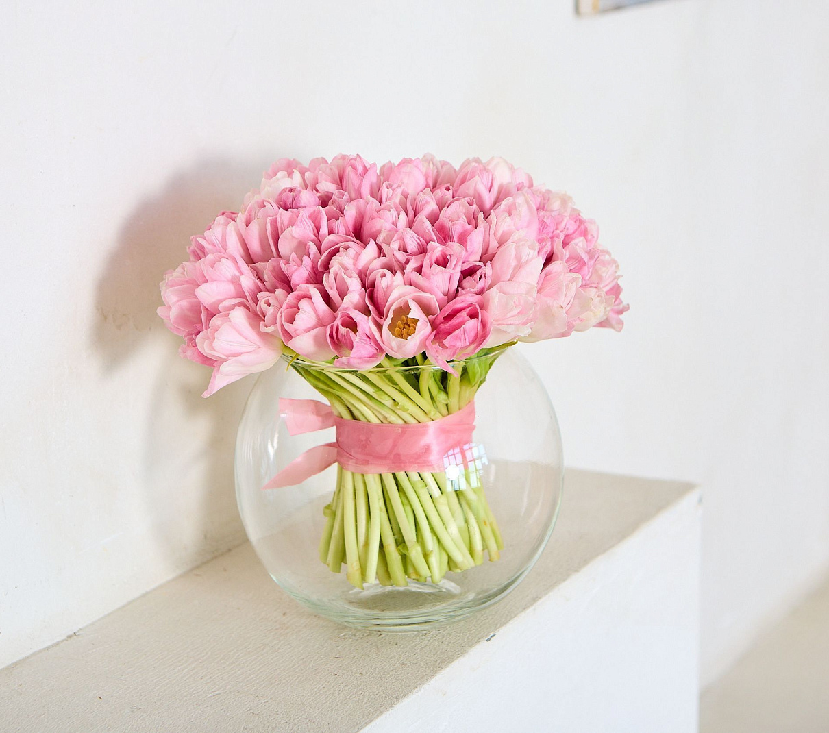 монобукет 101 розовый тюльпан под ленту  