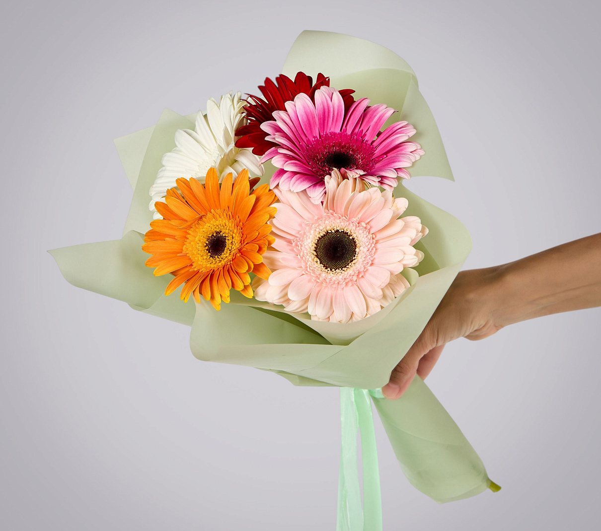 монобукет из 5 гербер микс в упаковке 