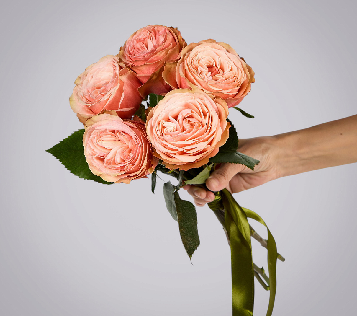 монобукет из 5 пионовидных роз "kahala" под ленту  